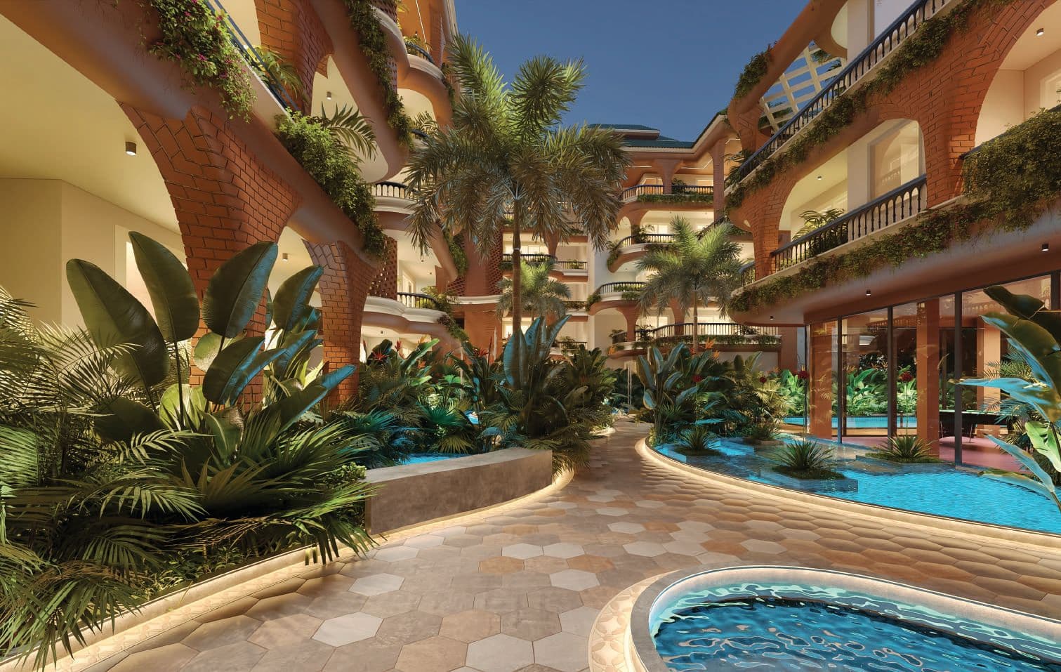 Tropical pool courtyard at Amora Horizon