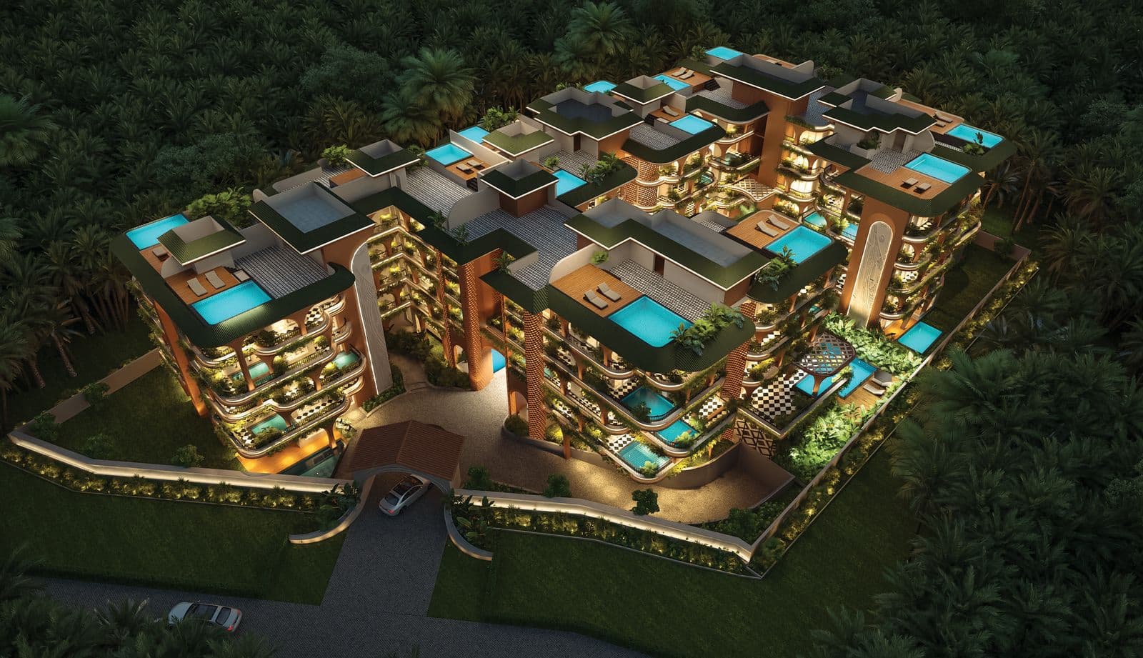 Aerial view of the Amora Horizon enclave at night