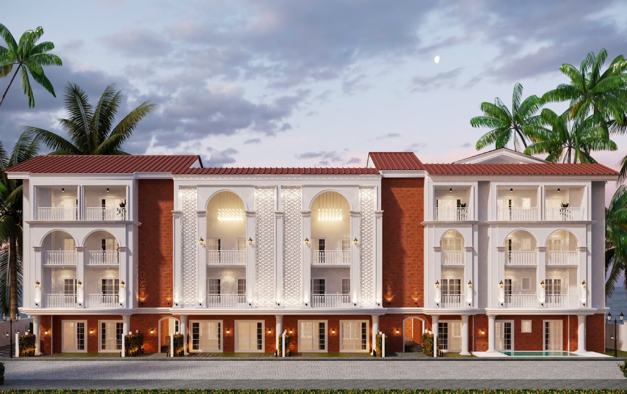 Mmirari House facade at dusk, Reis Magos