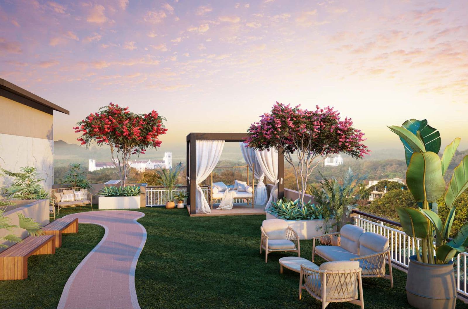 Rooftop terrace garden at sunset, Serene Meadows
